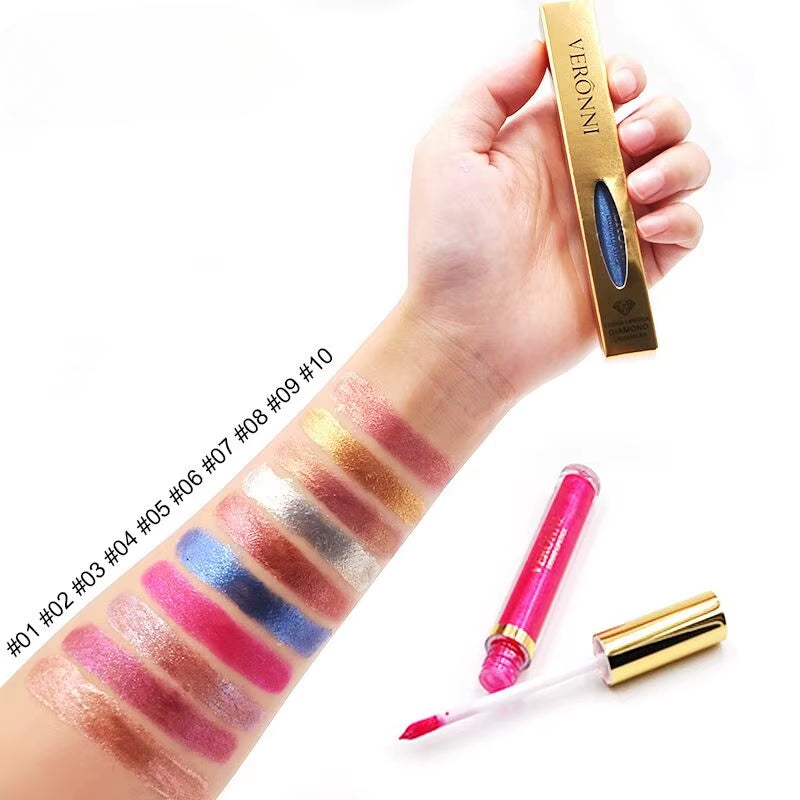 VERONNI Diamond Shine Lip Gloss – 10 Irresistible Shimmer Shades with Waterproof, Long-Lasting Metallic Velvet Finish